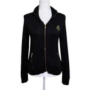 Lauren Ralph Lauren Cable Knit Full-Zip Sweater Crest Black Womens Size S